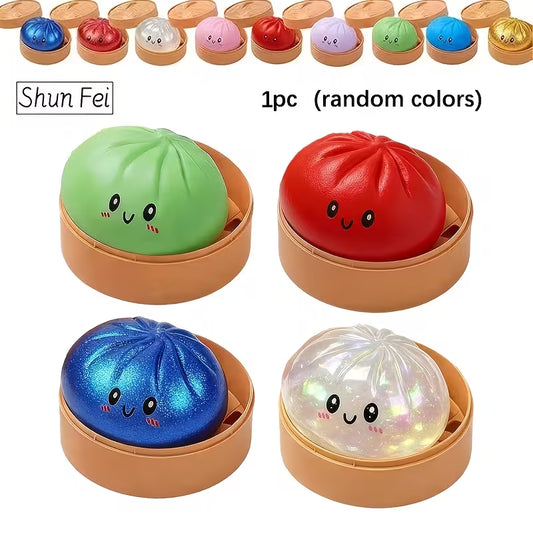 Shui Fei Kids' Multi-Item Party Favor Packs Random Color Set (3pcs Per Set: 1 Bun + 1 Steamer Lid + 1 Steamer Base) Cute Stress-relief Soft Bun Stress Ball, Kids Dumpling Soft Toy, Sensory Toy, Squeeze Dough Ball Fidget Toy, Soft Relax Toy